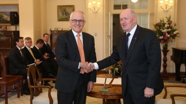 Prime Minister Malcom Turnbull with Governor-General Sir Peter Cosgrove after a swearing-in ceremony where he also became Minister for Agriculture and Water.