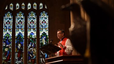 Anglican Archbishop of Sydney Glenn Davies delivers his Sermon during the Easter Sunday service at St Andrew's Cathedral.