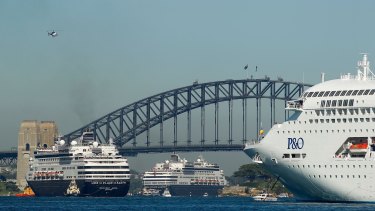 P&O's Pacific Aria, Pacific Eden and Pacific Jewel inside Sydney Harbour on November 25. It was the first time P&O Cruises brought their entire fleet of five cruise ships together.