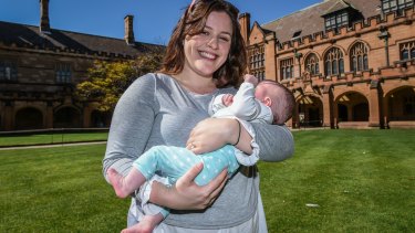 Kate Bullen, in her third year of an arts degree at Sydney University, with her nine-week-old baby Eleanor.
