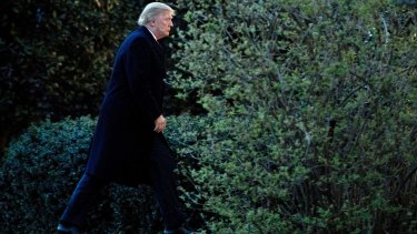 Enveloped by darkness: Donald Trump walks to the Oval Office.