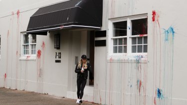 Roxy Jacenko leaves the Paddington offices of Sweaty Betty after they were vandalised overnight.