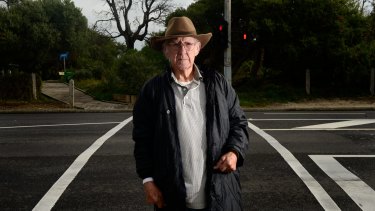 Anton Geitenbeek at a Nepean Highway crossing in Seaford. He suffered two heart attacks after he was hit by a car at the crossing.