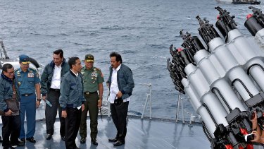 Indonesian President Joko Widodo, third right, on a visit to the Natuna islands earlier this month to affirm the country's commitment to protecting its sovereignty in the area at the edge of the South China Sea.