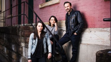 The cast of Bell Shakespeare's Merchant of Venice (from left): Catherine Davies (Nerissa), Jessica Tovey (Portia) and Mitchell Butel (Shylock).