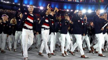 Members of the United States team take part in the Opening Ceremony of the Rio 2016 Olympic Games at Maracana Stadium on August 5, 2016 in Rio de Janeiro, Brazil.