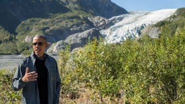 US President Barack Obama speaks in front of the Exit Glacier in Seward, Alaska.