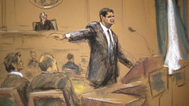 Assistant US Attorney Timothy T. Howard speaks during closing arguments in the trial of Ross Ulbricht (left) as seen in this courtroom sketch.