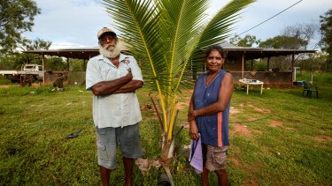 Keith and Lillian Lawford in front of their home on Budgarjuk outstation on the Dampier Peninsula, one of the communities that could be closed. 