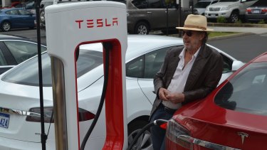 Frank Lister was the first person to charge his electric car at the new supercharger at Eaton near Bunbury.