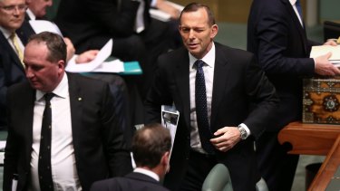 A wink from Prime Minister Tony Abbott in the direction of Environment Minister Greg Hunt at Parliament House.
