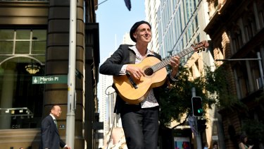 Busker Joseph Zarb performing in Martin Place, Sydney.

