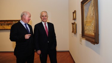 Prime Minister Malcolm Turnbull at the National Gallery of Australia in Canberra for the opening of the Tom Roberts exhibition with the National Gallery of Australia Director Gerard Vaughan. 
