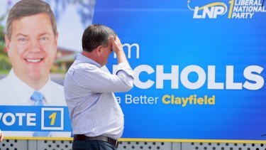 The vote of the LNP fell to just 33.5 per cent under leader Tim Nicholls.