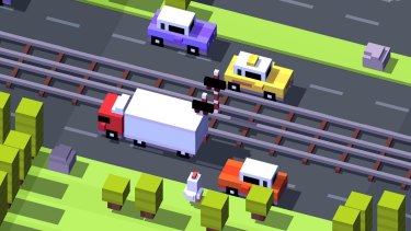 Chicken run: A screenshot from the <i>Crossy Road</i> game.