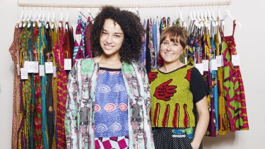 Anna Robertson, right, and a model at her Yevu pop-up shop in Redfern.