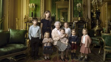The Queen  with her five great-grandchildren and her two youngest grandchildren at Windsor Castle. From left James, eight, Lady Louise, 12, (children of The Earl and Countess of Wessex) Mia Tindall, two, the Queen, Princess Charlotte, 11 month olds, Savannah Phillips, five, Prince George, two, and Isla Phillips, three.