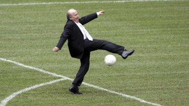 Miskick: Sepp Blatter misses the ball in Munich, 2005.