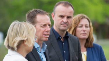 ACT Labor and Greens members Caroline Le Couteur and Shane Rattenbury with ACT Chief minister Andrew Barr and ACT Labor Yvette Berry.