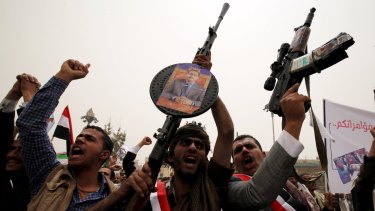 Supporters of Yemen's former president Ali Abdullah Saleh at a rally against air strikes in Sanaa on Friday.