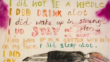 Jenny Watson adopted text into her work - such as <i>The Key Painting</I> - early on, a move she says was largely influenced by television. Painted in 1987, oil and gouache on cotton duck .