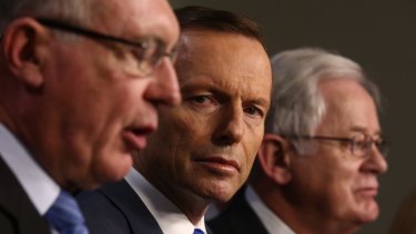 The old guard: Tony Abbott flanked by Warren Truss and Andrew Robb.