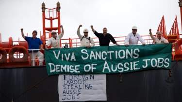 Ship workers protest on the Tandara Spirit in Port Phillip Bay. 20th November 2014.