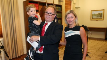 David Feeney with his wife Liberty Sanger and son Ned after resigning from federal Parliament.