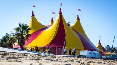 The Moscow Circus big top at St Kilda beach. The circus include horses, camels, llamas, water buffalos and macaw parrots.