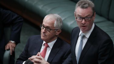 Prime Minister Malcolm Turnbull and Leader of the House Christopher Pyne in the House of Representatives on Monday.