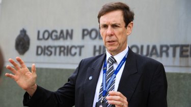 Detective Superintendent David Hutchinson speaking to media outside the Logan Police District Headquarters.