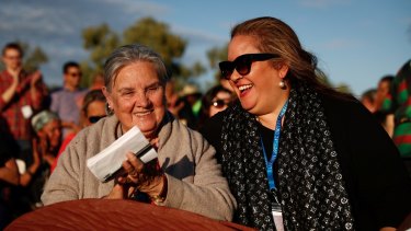 Pat Anderson and Megan Davis during the closing ceremony in the Mutitjulu community of the First Nations National Convention held in Uluru in May.