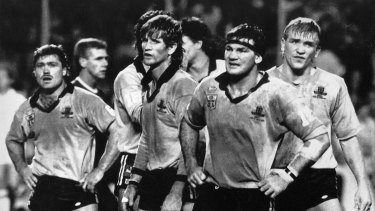Terry Lamb, Des Hasler, Gavin Miller and Garry Jack in the midst of a 36-6 defeat at Lang Park in 1989. 