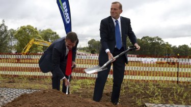 Former prime minister Tony Abbott, pictured with NSW Premier Mike Baird, wished to be remembered as the "infrastructure prime minister".