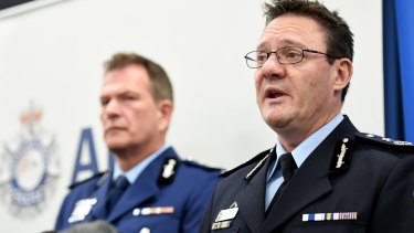 Australian Federal Police Deputy Commissioner Michael Phelan (front) with NSW Police Deputy Commissioner David Hudson. 