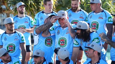 These aren't salary caps: Blues players try on their RLPA caps at their State of Origin training camp at Kingscliff.