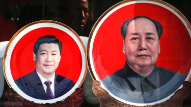 "It does harken back to Mao, this personality cult": souvenir plates bearing images of Chinese President Xi Jinping and Mao Zedong at a shop near Tiananmen Square in Beijing.