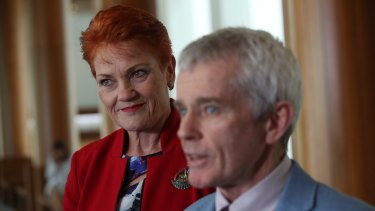 Malcolm Roberts with Senator Pauline Hanson after the High Court ruled him ineligible for Parliament. 