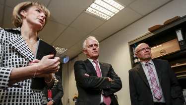 Prime Minister Malcolm Turnbull, Minister for Women Michaelia Cash and chairman of the Advisory Panel on Reducing Violence against Women and their Children Ken Lay.