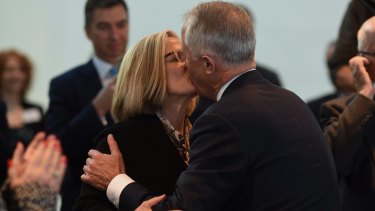 Australian Prime Minister Malcolm Turnbull kisses his wife Lucy during at the ceremony hosted by the German-Australian Chamber of Industry and Commerce.
