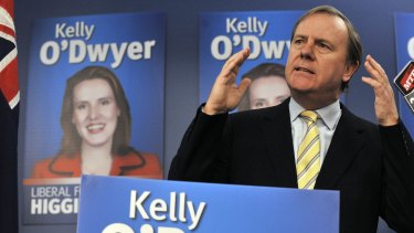 Former treasurer Peter Costello helps Kelly O'Dwyer launch her campaign to win the seat of Higgins in 2010.