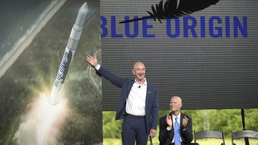 Amazon CEO Jeff Bezos, as he unveiled a Blue Origin rocket, at the Cape Canaveral Air Force Station in Florida two months ago.