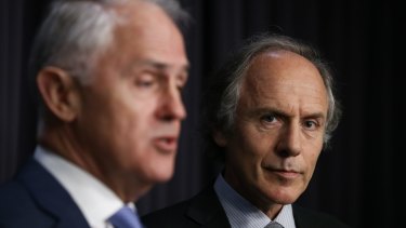 Prime Minister Malcolm Turnbull and Alan Finkel address the media in Canberra on Tuesday.