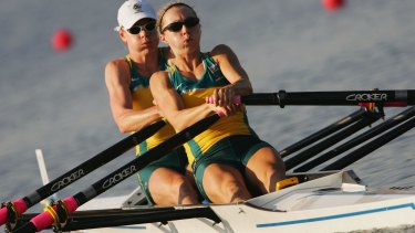 Time trials: : Callie, left, and Halliday compete in the lightweight double sculls during the 2004 Olympics