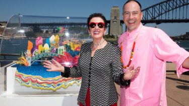 Sydney lord mayor Clover Moore, with artist Benja Harney, revealing the design for the NYE projections on the Harbour Bridge.