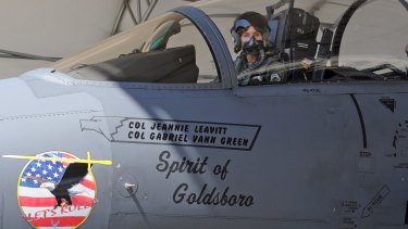 Pioneering pilot Colonel Jeannie Leavitt in her F-15E Strike Eagle at Seymour Johnson Air Force Base, North Carolina. 