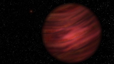 An artist's impression of the gas giant planet 2MASS J2126-8140 in orbit around its host star, faintly discernible in the background.
