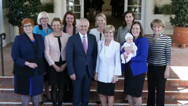 Prime Minister Malcolm Turnbull with female ministers after the July 2 election.