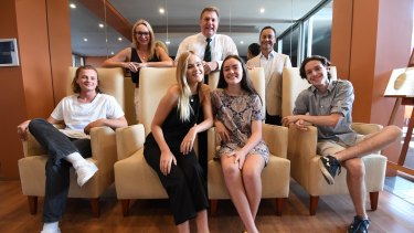 Reddam HSC high achievers, from left, Seth Gabrielsson 18, Lily Spenser, 17, Kenya Pearson, 17, and Ellis Silove with teachers Susie Britten, Principal Dave Pitcairn and Wayne Angelou.