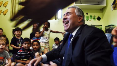 Child cheer: Joe Hockey at a Childcare centre in Padstow.
